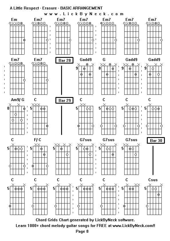 Chord Grids Chart of chord melody fingerstyle guitar song-A Little Respect - Erasure - BASIC ARRANGEMENT,generated by LickByNeck software.